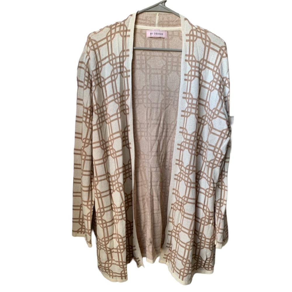 BY DESIGN Women’s Cream & Tan Geometrical Print Cotton Rayon Open Front Cardigan